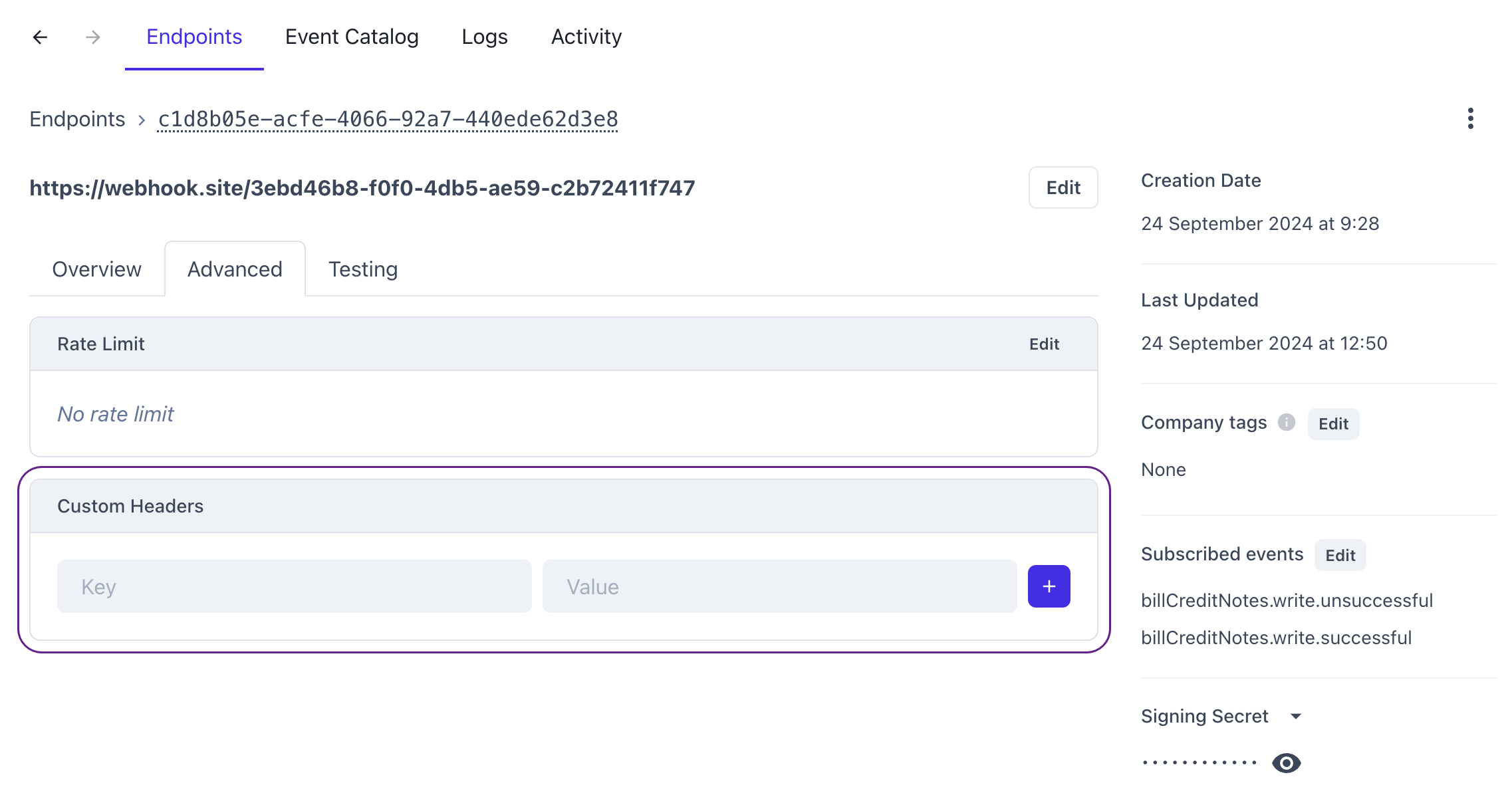 A fragment of the webhook UI that displays the detailed endpoint view with two custom headers added to it